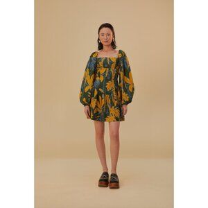 FARM Rio Green and Yellow Floral Puff-Sleeve Mini Dress